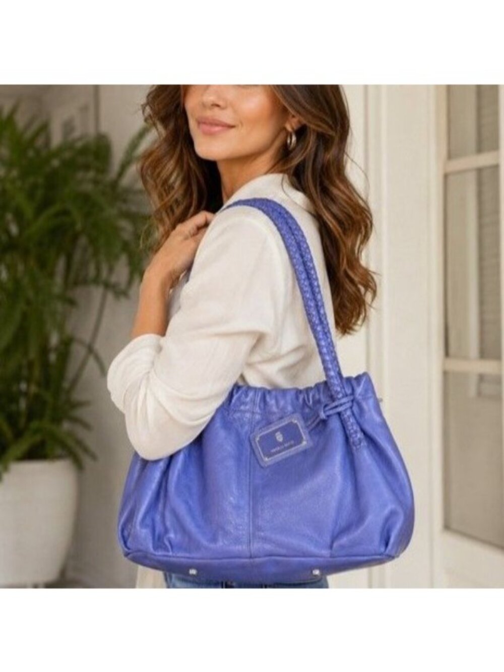 Paolo Masi Periwinkle Purple Leather Shoulder Bag Tote Braided Handles - Picture 2 of 9